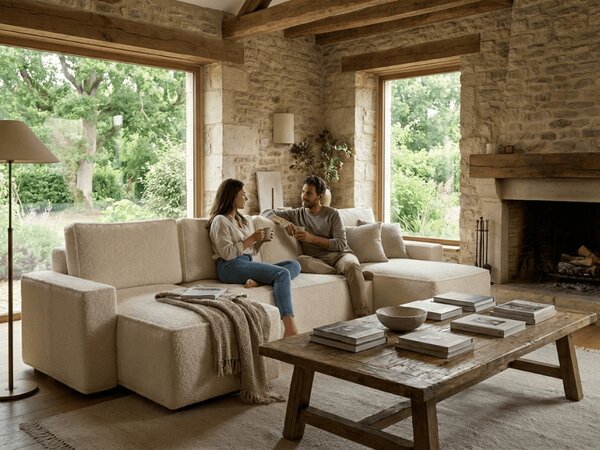Rozkładana sofa narożna w kształcie U SMART BOUCLE 303x140 cm, kremowa