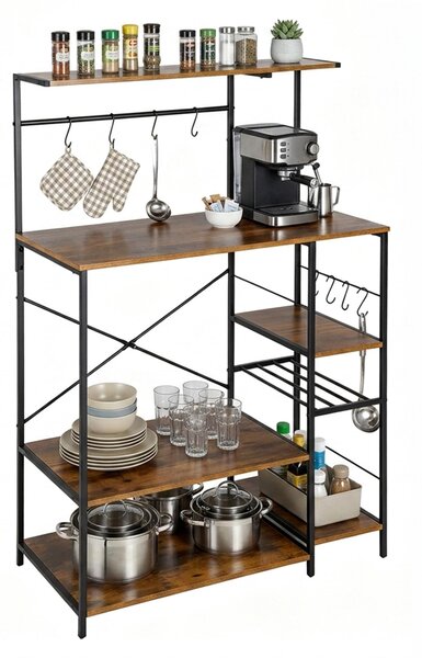 Półka kuchenna Relaxdays, 7 półek, 8 haczyków, wymiary: 123 x 80 x 40 cm, materiał: MDF, żelazo, styl: industrialny, półka piekarska, kolor: brązowy/czarny
