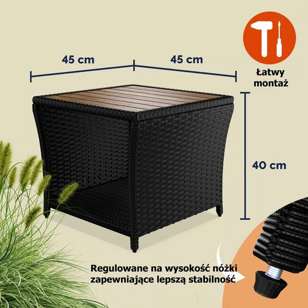 Polirattanowy stolik pomocniczy ROCCO z drewna akacjowego, 40x45x45cm, czarny/brązowy Casaria