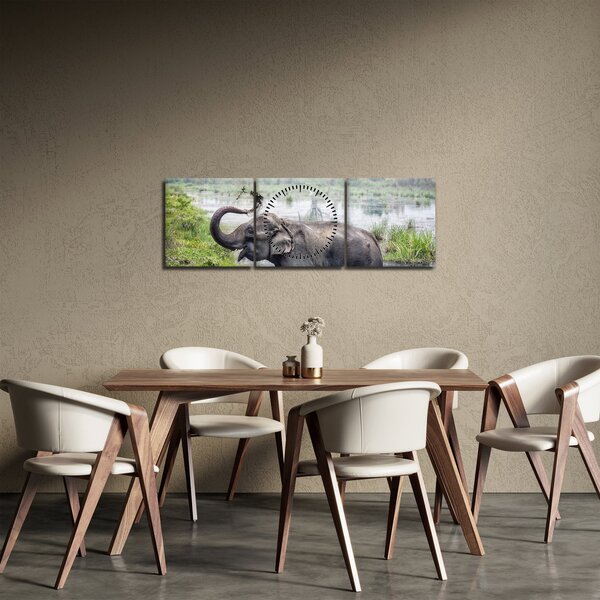 Obraz - Kąpiący się słoń (z zegarem) (90x30 cm)
