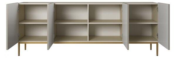 Komoda Nicole 200 cm czterodrzwiowa z ryflowanym frontem - kaszmir / złote nóżki