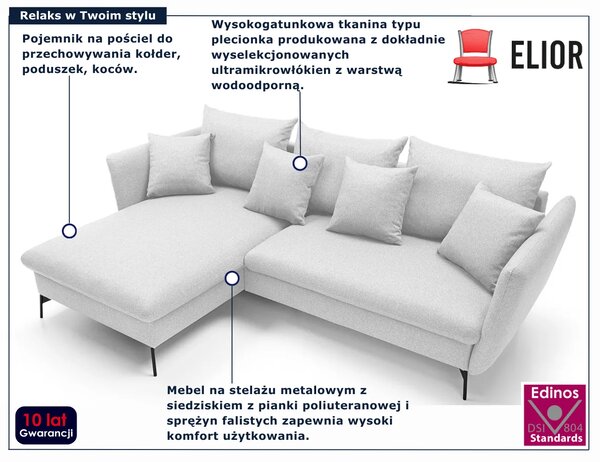 Jasnoszara kanapa narożna rozkładana z pojemnikiem K3-M49