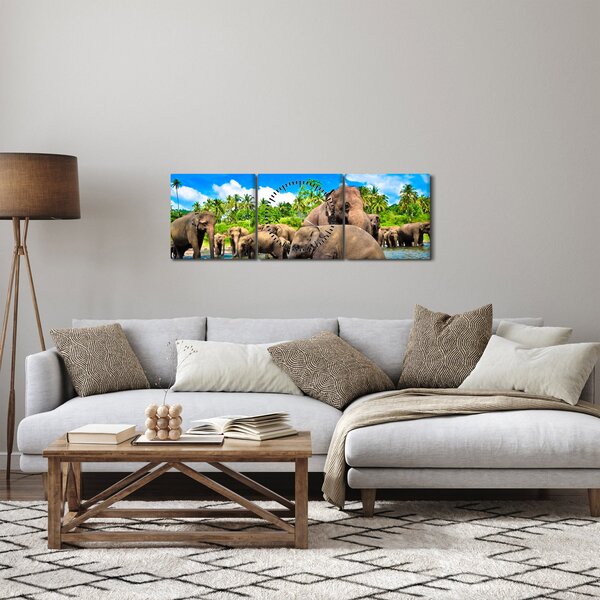Obraz - Słonie, Sri Lanka (z zegarem) (90x30 cm)