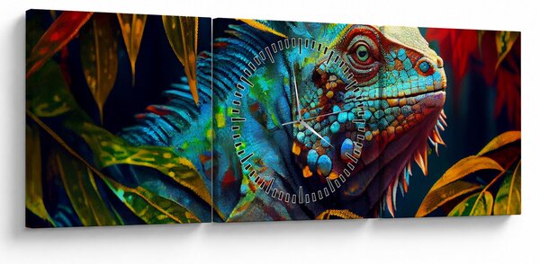 Obraz - Kolorowa iguana (z zegarem) (90x30 cm)