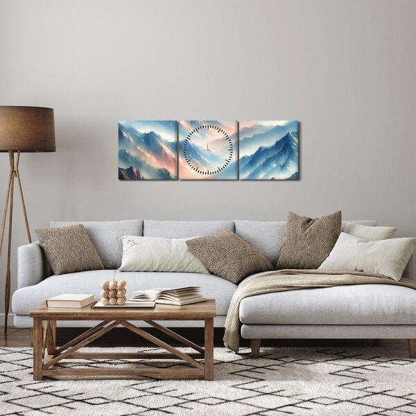 Obraz - Akwarelowe góry (z zegarem) (90x30 cm)