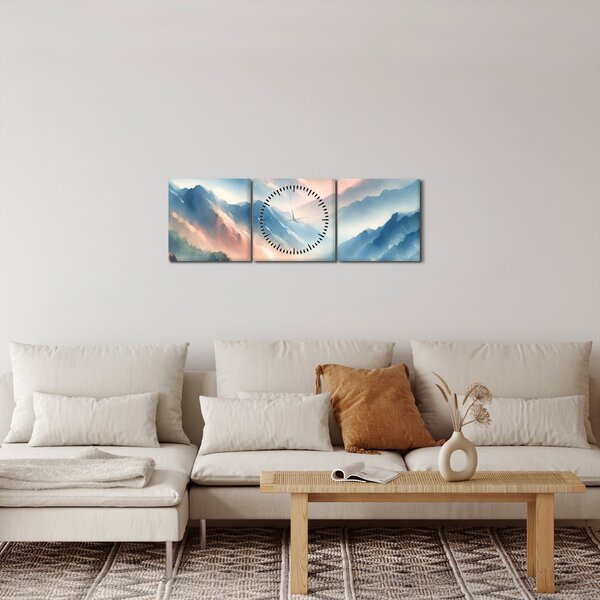 Obraz - Akwarelowe góry (z zegarem) (90x30 cm)