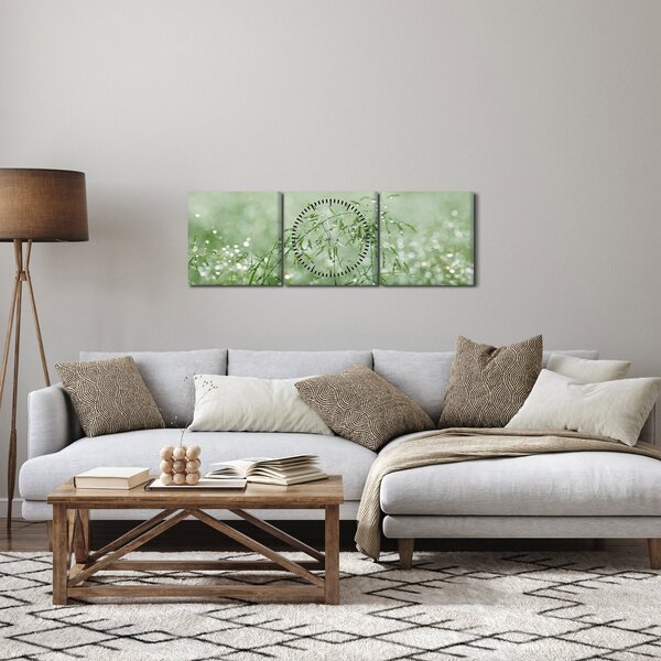 Obraz - Poranna rosa na źdźbłach trawy (z zegarem) (90x30 cm)