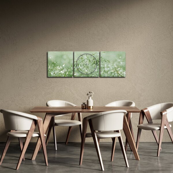 Obraz - Poranna rosa na źdźbłach trawy (z zegarem) (90x30 cm)