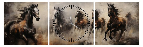 Obraz - Obraz olejny przedstawiający konie (z zegarem) (90x30 cm)