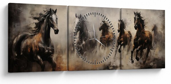 Obraz - Obraz olejny przedstawiający konie (z zegarem) (90x30 cm)