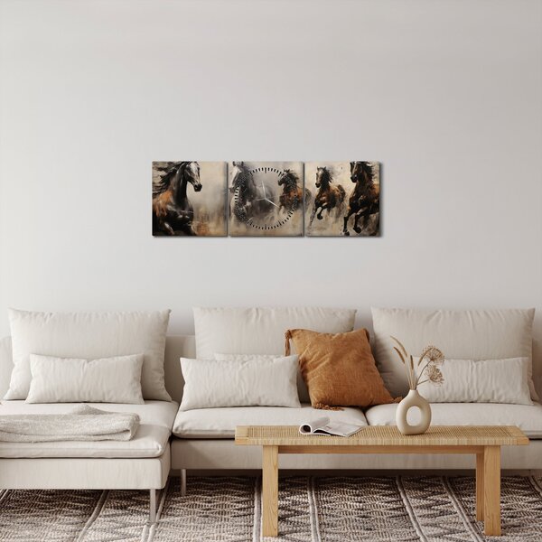 Obraz - Obraz olejny przedstawiający konie (z zegarem) (90x30 cm)