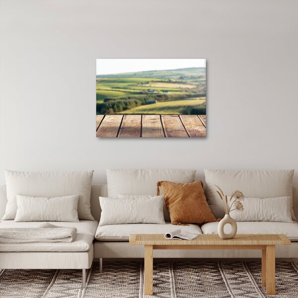 Obraz - Drewniana półka z krajobrazem (70x50 cm)