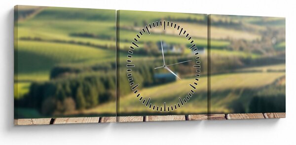 Obraz - Drewniana półka z krajobrazem (z zegarem) (90x30 cm)