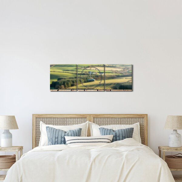 Obraz - Drewniana półka z krajobrazem (z zegarem) (90x30 cm)