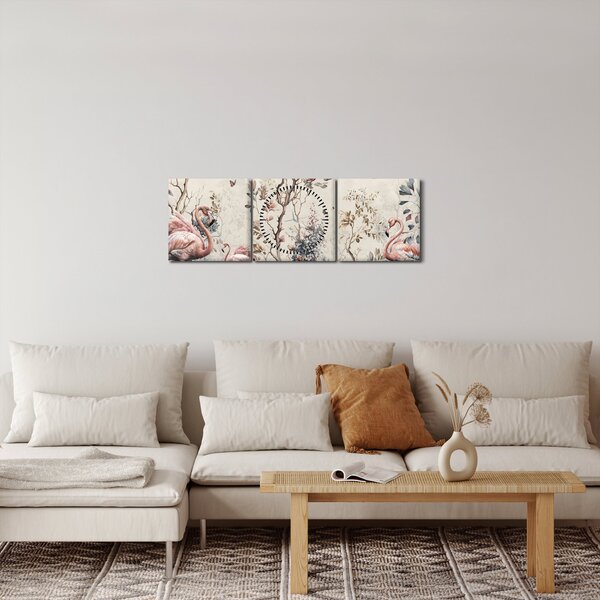 Obraz - Rysunek flamingów (z zegarem) (90x30 cm)