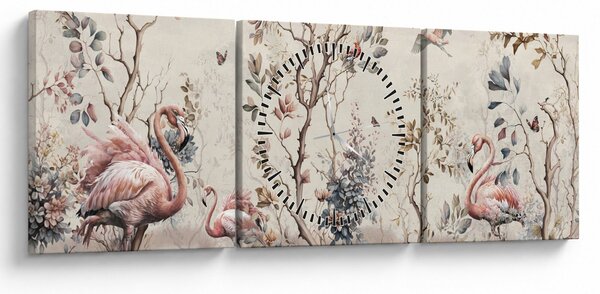 Obraz - Rysunek flamingów (z zegarem) (90x30 cm)