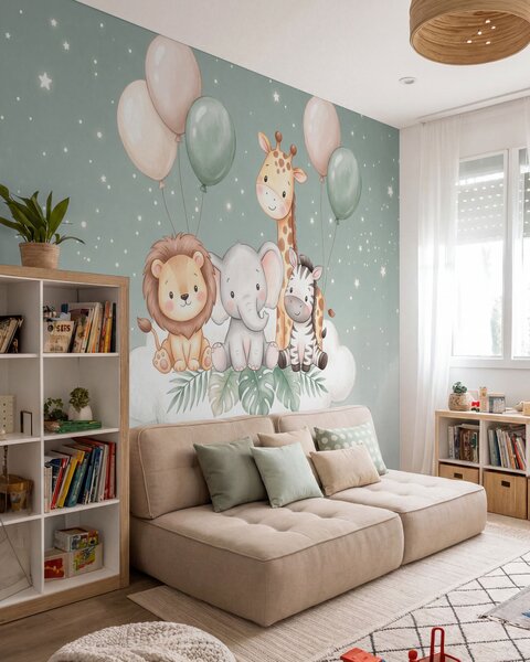 Fototapety Sympatyczne zwierzęta z safari na puszystych chmurkach w delikatnych pastelowych odcieniach, w, Tapety Wyjątkowe, w10004 : Uwalls.pl