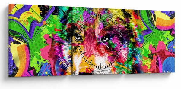 Obraz - Wilk z graffiti (z zegarem) (90x30 cm)