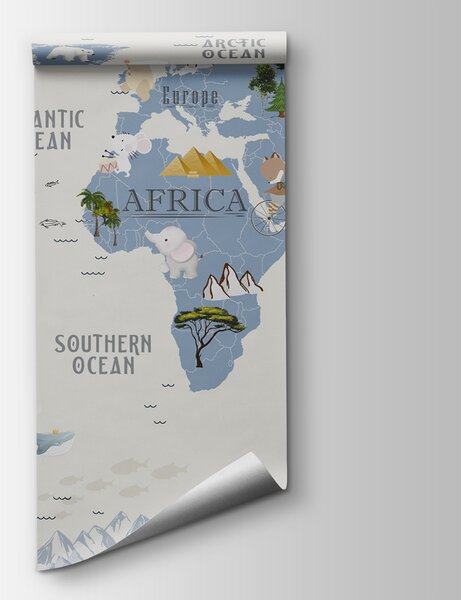 Fototapeta Mapa świata ze zwierzętami i ptakami, Fototapeta Mapa Świata dla Dzieci, Popularne Fototapety, u99440 - Tapeko.pl