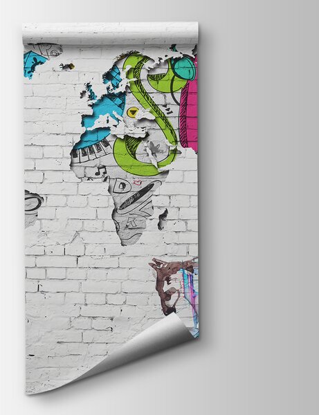 Fototapeta Mapa świata namalowana na ceglanej ścianie, Fototapety z mapami świata, Popularne Fototapety, u01805 - Tapeko.pl