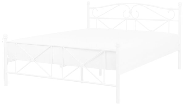 Metalowe łóżko ze stelażem 140x200 cm zdobione wezgłowie i zanóżek białe Rodez Beliani