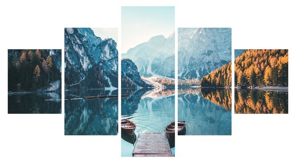 Obraz - Łodzie na jeziorze Braies (125x70 cm)