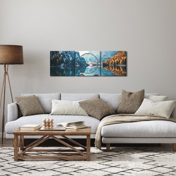 Obraz - Łodzie na jeziorze Braies (z zegarem) (90x30 cm)