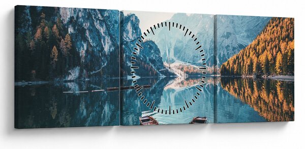 Obraz - Łodzie na jeziorze Braies (z zegarem) (90x30 cm)