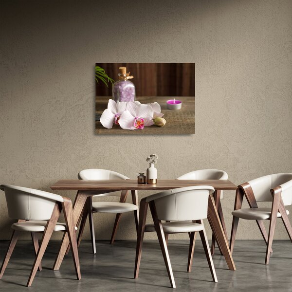 Obraz na szkle - Świeca i orchidee (70x50 cm)