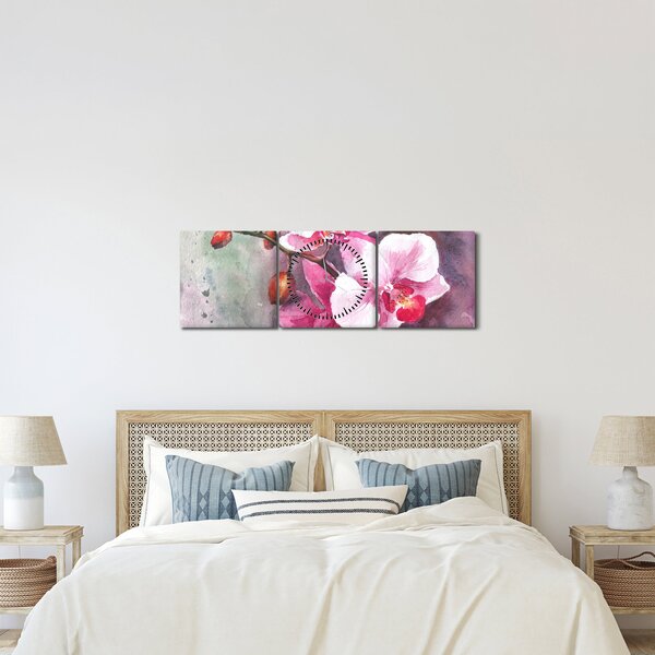 Obraz - Orchidee, akwarela (z zegarem) (90x30 cm)