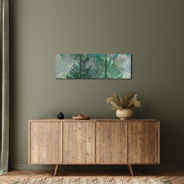 Obraz - Tekstura betonu z liśćmi (z zegarem) (90x30 cm)