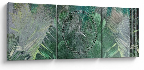 Obraz - Tekstura betonu z liśćmi (z zegarem) (90x30 cm)