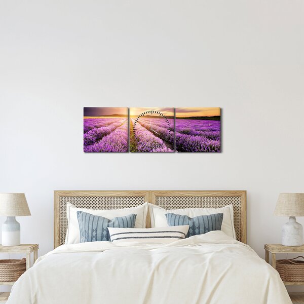 Obraz - Wschód słońca na polu lawendy (z zegarem) (90x30 cm)
