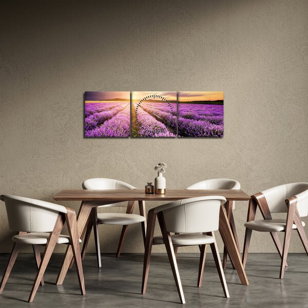 Obraz - Wschód słońca na polu lawendy (z zegarem) (90x30 cm)