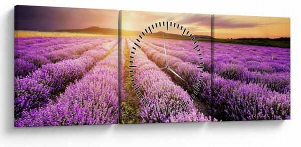 Obraz - Wschód słońca na polu lawendy (z zegarem) (90x30 cm)