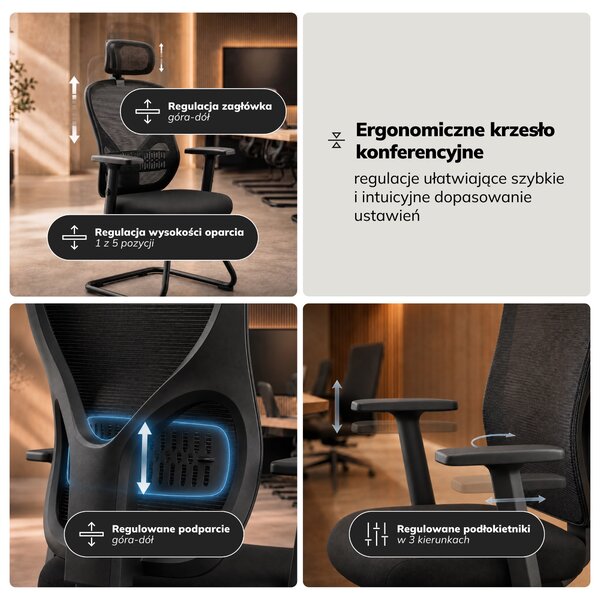 Krzesło biurowe konferencyjne z zagłówkiem czarne ORBIT