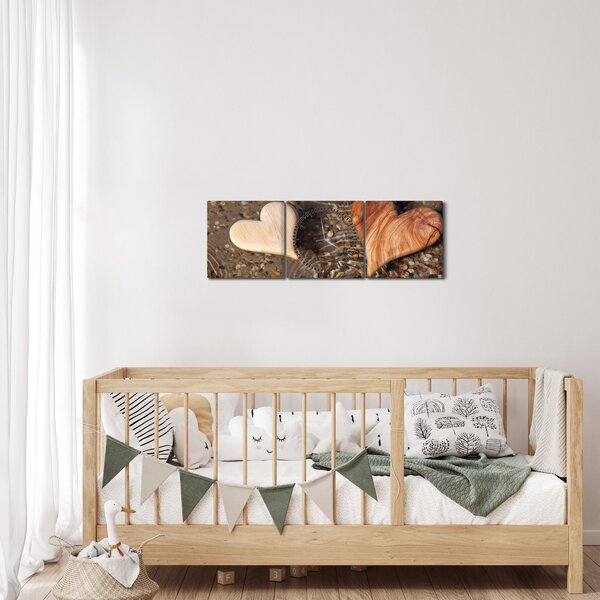 Obraz - Drewniane serca (z zegarem) (90x30 cm)
