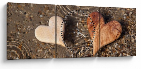 Obraz - Drewniane serca (z zegarem) (90x30 cm)