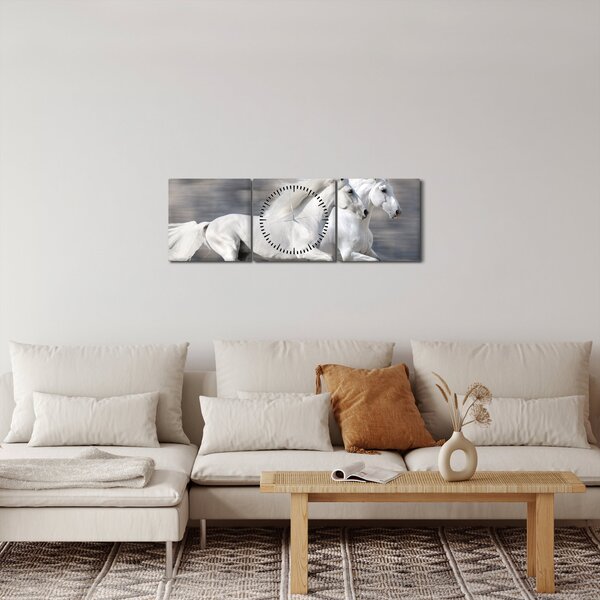 Obraz - Białe konie zimą (z zegarem) (90x30 cm)