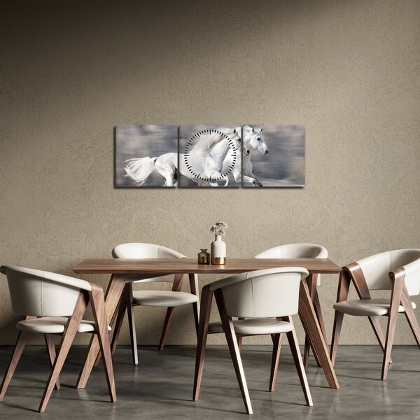 Obraz - Białe konie zimą (z zegarem) (90x30 cm)