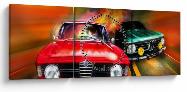 Obraz - Retro samochody wyścigowe (z zegarem) (90x30 cm)