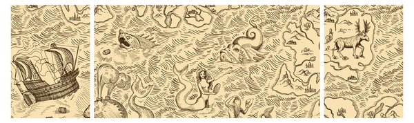 Obraz - Zabytkowa mapa, ilustracje (170x50 cm)