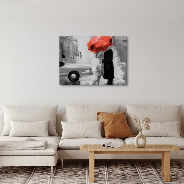Obraz - Zakochana para pod parasolem, czerwony (70x50 cm)