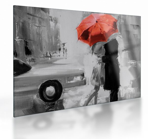 Obraz na szkle - Zakochana para pod parasolem, czerwony (70x50 cm)