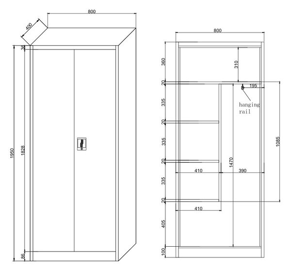 Uniwersalna szafka metalowa, 4 półki, 1950 x 800 x 400 mm, niebieskie drzwi