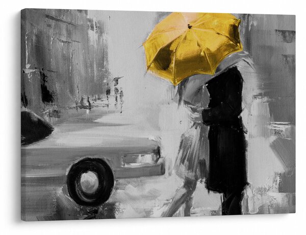 Obraz - Zakochana para pod parasolem, żółty (70x50 cm)