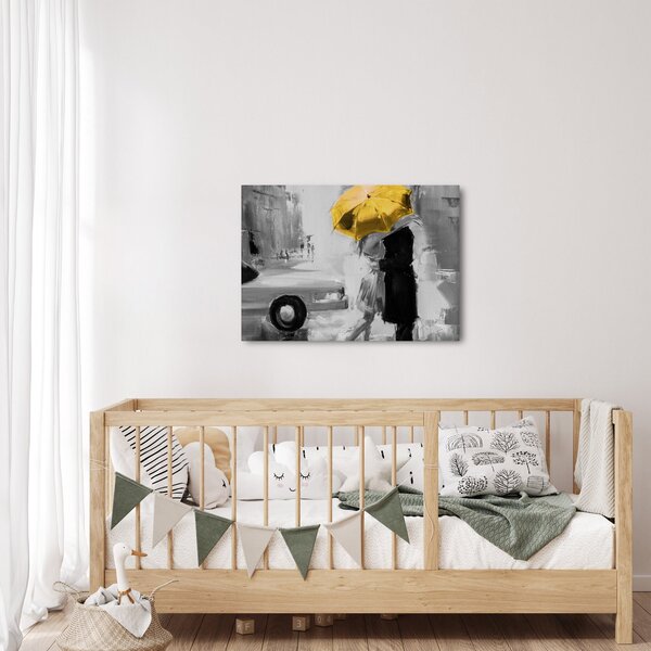 Obraz - Zakochana para pod parasolem, żółty (70x50 cm)