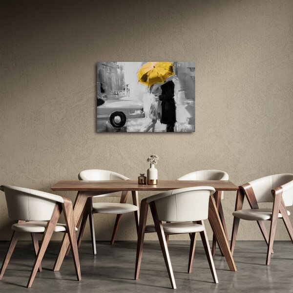 Obraz - Zakochana para pod parasolem, żółty (70x50 cm)