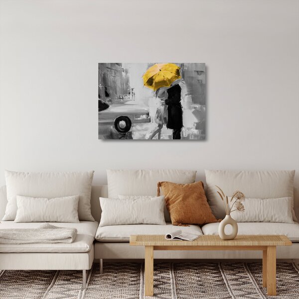 Obraz na szkle - Zakochana para pod parasolem, żółty (70x50 cm)