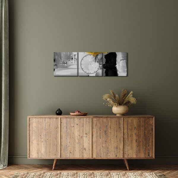 Obraz - Zakochana para pod parasolem, żółty (z zegarem) (90x30 cm)